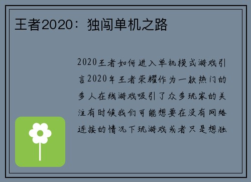 王者2020：独闯单机之路