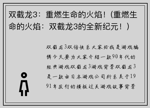 双截龙3：重燃生命的火焰！(重燃生命的火焰：双截龙3的全新纪元！)